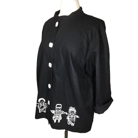 Vintage On The Rocks Women's 1X Black Cotton Linen Button Up Tribal Art to Wear - Picture 5 of 11
